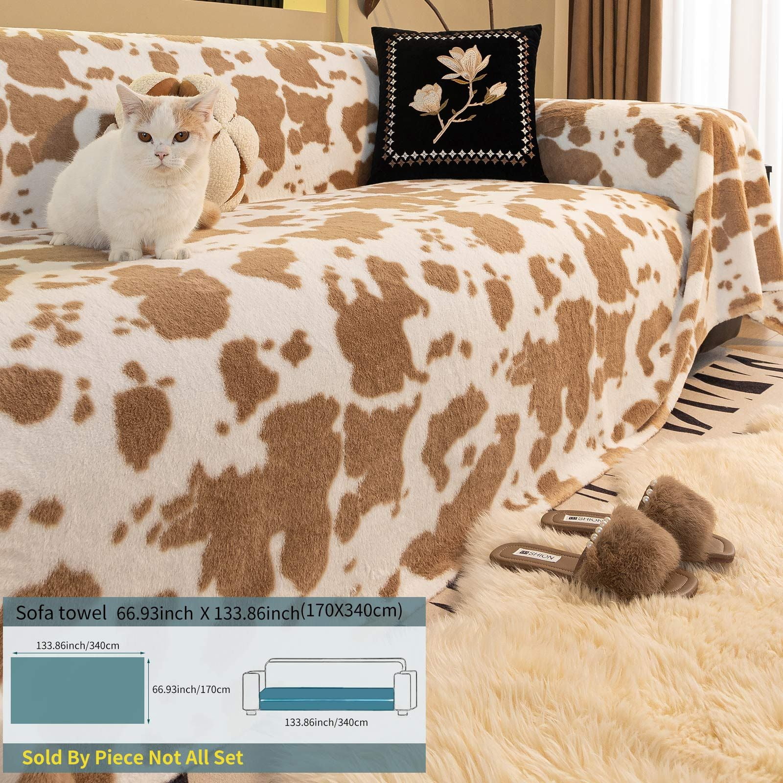West Ivory 4-Seater Ultra-Thick Winter Soft Plush Couch Cover – Washable Furniture Protector for Dogs, Pets, Anti-Slip, Anti-Dust Sofa Cushion Cover, Khaki and White, 133.86 x 66.93 Inches