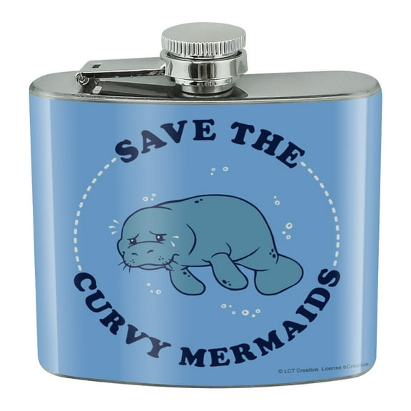 Save the Curvy Mermaids Manatee Funny Humor Stainless Steel 5oz Hip Drink Kidney Flask