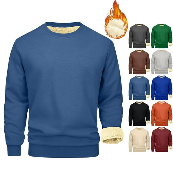 Fshiont Mens Sherpa Fleece Lined Sweatshirt Crewneck Basic Thermal Pullover Tops Winter Thick Heavyweight Warm Sweater Shirts Blue L
