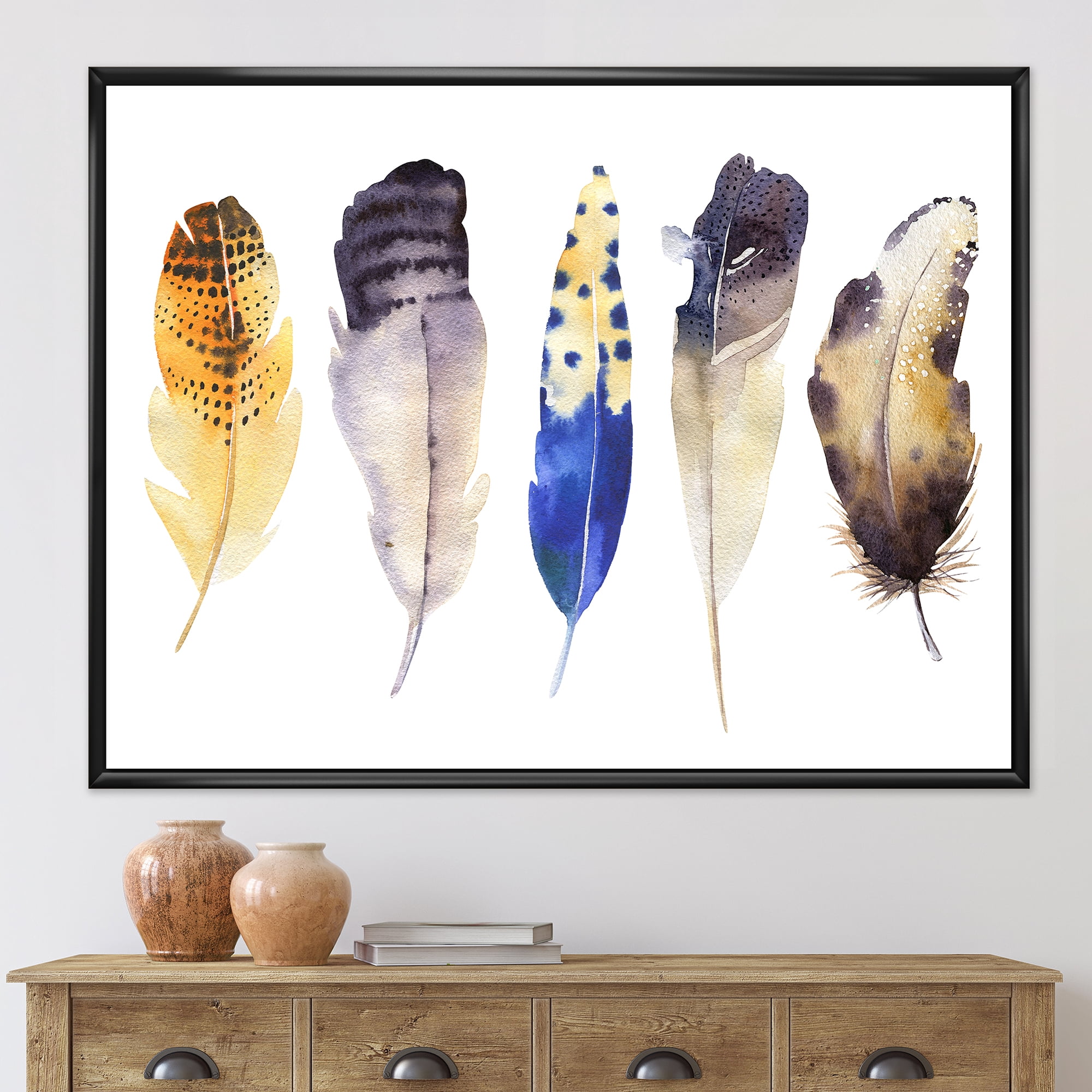 Colourful Boho Art Feather Set I 20 in x 12 in Framed Painting Canvas Art Print, by Designart