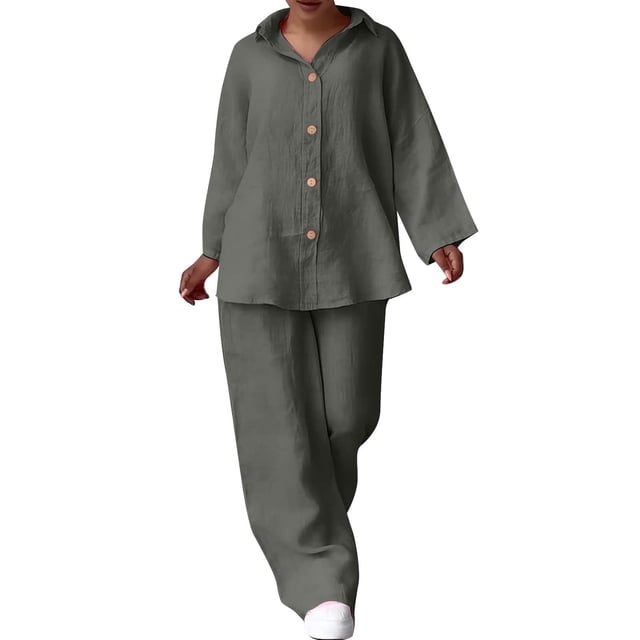 Timegard 2 Piece Sets for Women Plus Size Long Sleeve Button up Shirts Wide Leg Pants Solid Color Outfits