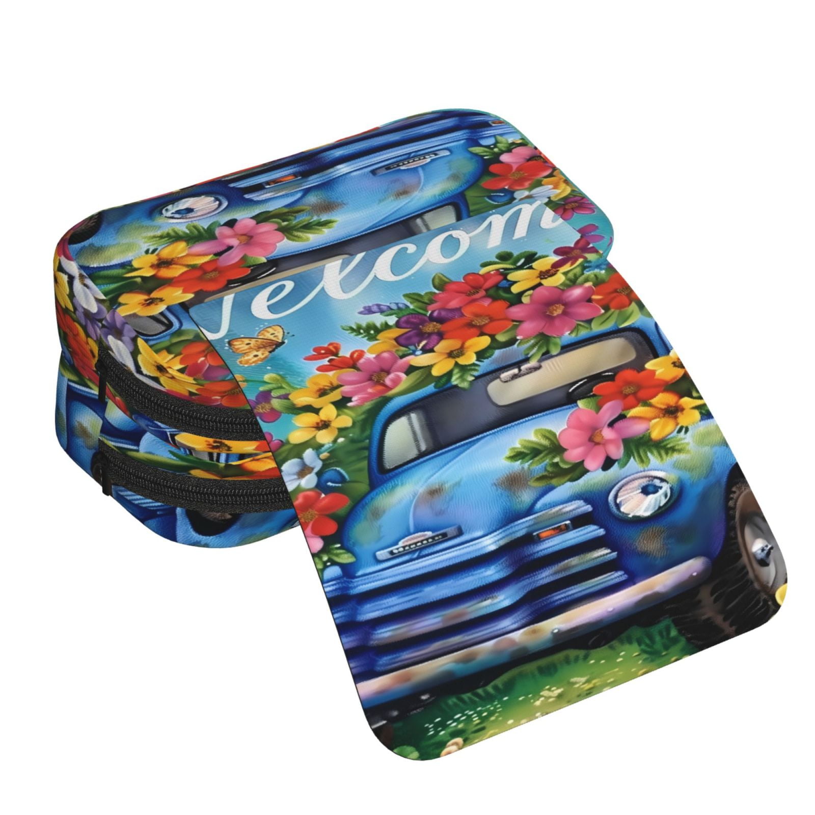 Rateoe Floral Truck Welcome Pattern Double Clamshell Pen Case, Storage Organizer with Two Zipper Compartments– Holds Up to 50 Pencils & Pens