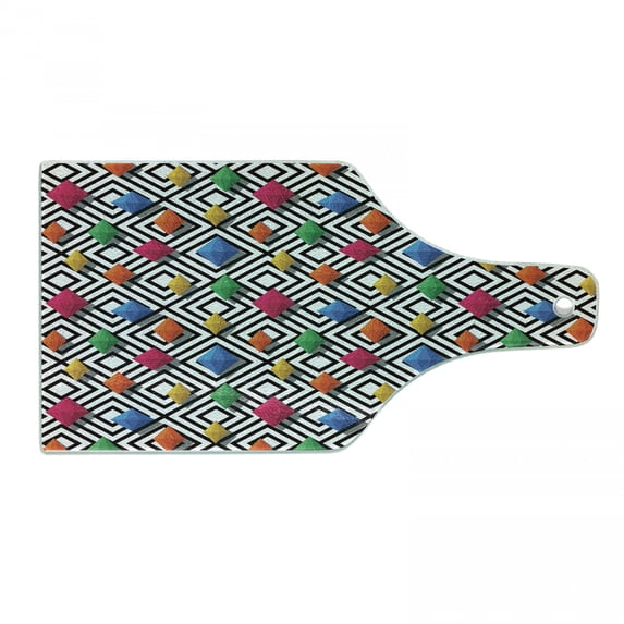 Geometric Cutting Board, Lively Colored and 3D Styled Diamond Gemstone on Black and White Backdrop, Decorative Tempered Glass Cutting and Serving Board, Wine Bottle Shape, Multicolor, by Ambesonne