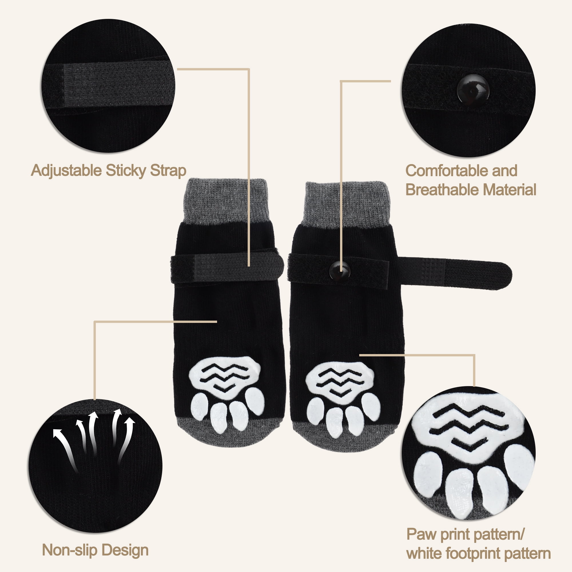 Unique Bargains 4 Pcs Non-Slip Dog Socks Adjustable Sticky Tapes Pet Socks S Black Yellow