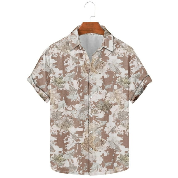 Yanghang Men Going Out Tops Breathable Men's T-Shirt Men's Fashion Casual Leaf Print Short Sleeve Lapel Shirt Top Summer Shirts For Men