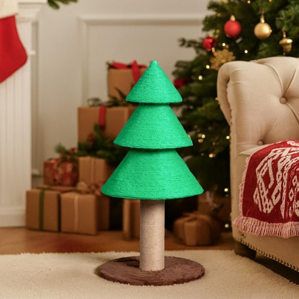 Tcbosik Xmas Tree Cat Scratcher - Sisal Rope Wrapped Design with Soft Fleece Base, 31.5" Stable Scratching Post for Indoor Cats, Holiday-Themed Pet Toy, Green
