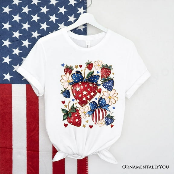 Patriotic Boho Strawberries Bouquet T-Shirt, 4th of July Festive Patch Tee