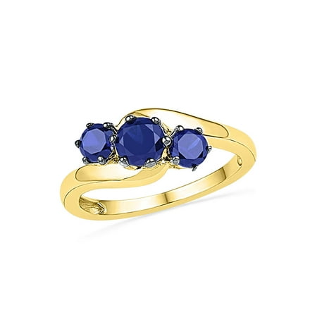 Ring 3 Stone Diamond Jewelry (10kt Yellow Gold Womens Round Lab-Created Blue Sapphire 3-stone Ring 1-1/2 Cttw Diamond Fine Jewelry Ideal Gifts For Women Gift Set From)