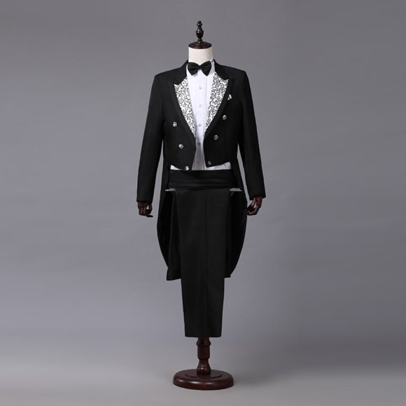 Hjcommed Costume de Smoking pour Hommes Vêtements de Performance Magicien Ensemble de Quatre Pièces Noir L