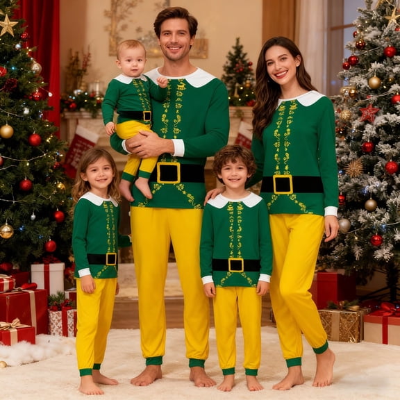 RGGEEUN Family Christmas Elf Pajamas Matching Sets O-Neck Long Sleeve Tops Soft Pants Xmas Holiday Pjs Sleepwear Loungewear Everyday Use