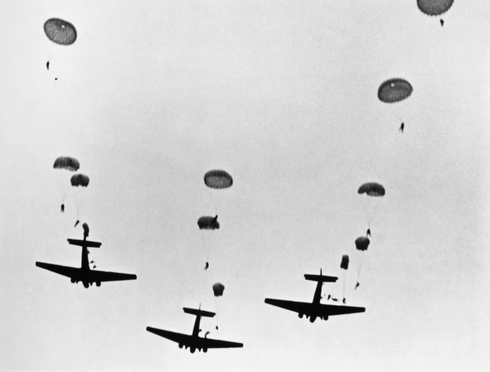 World War Ii Parachutes. Nparachutist Jumping From American Aircrafts