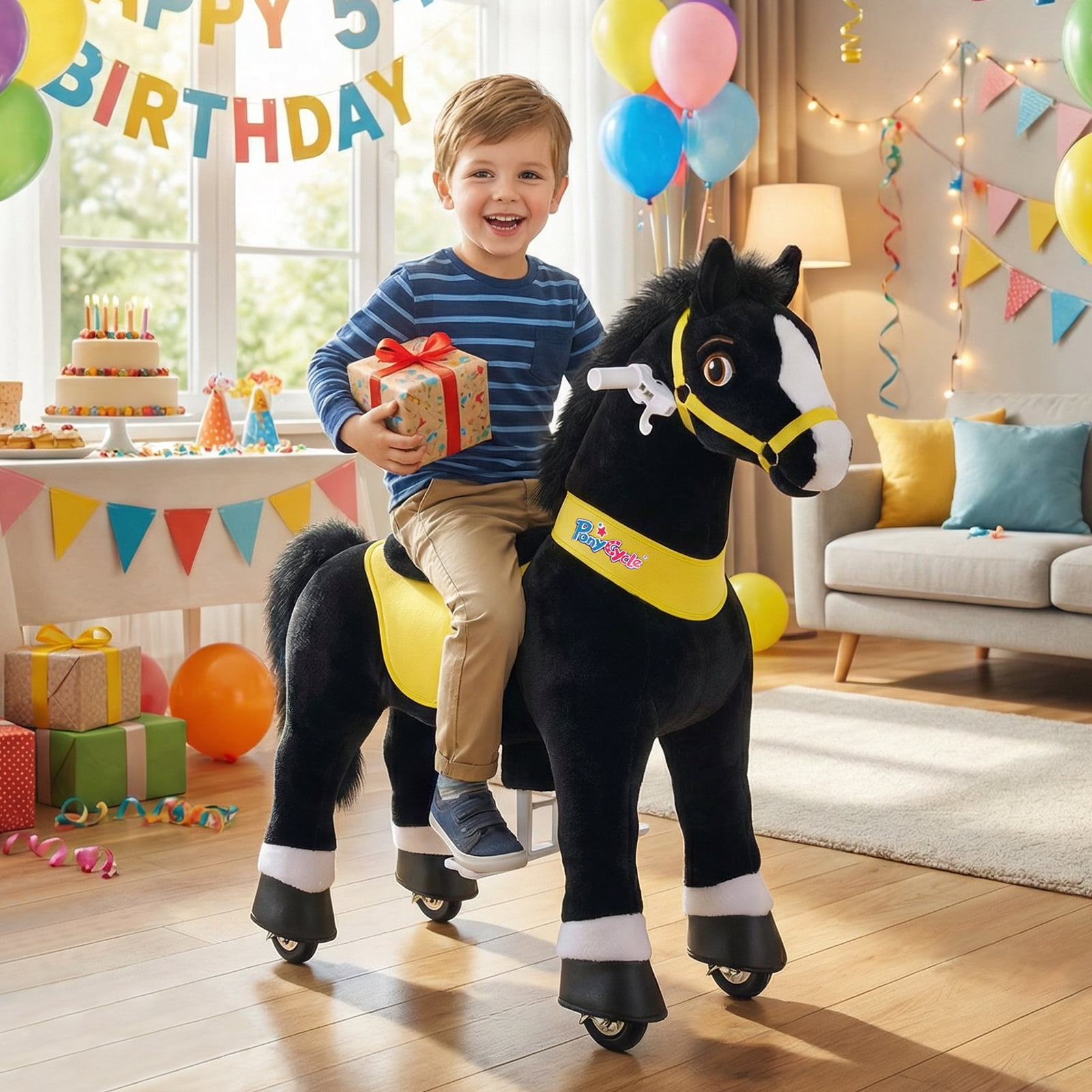 PonyCycle Kid-Powered Ride-On Horse Toy, No Battery, Hand Brake, Ages 4–7, Black, E438