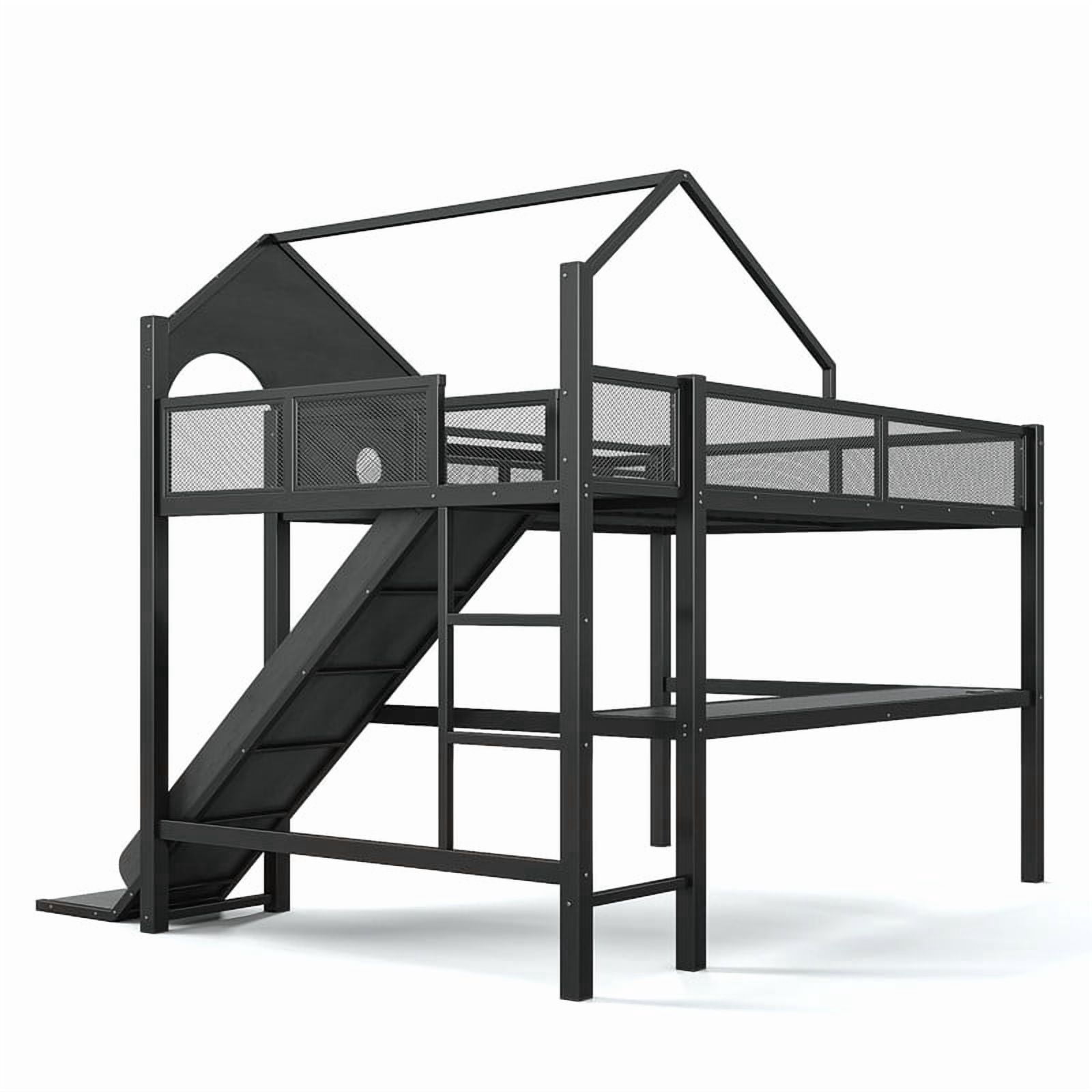 Full Size House Shaped Kids Loft Bed with Slide, Teens Metal Bed Frame with LED Lights, Desk, Power Outlet & Storage Shelf