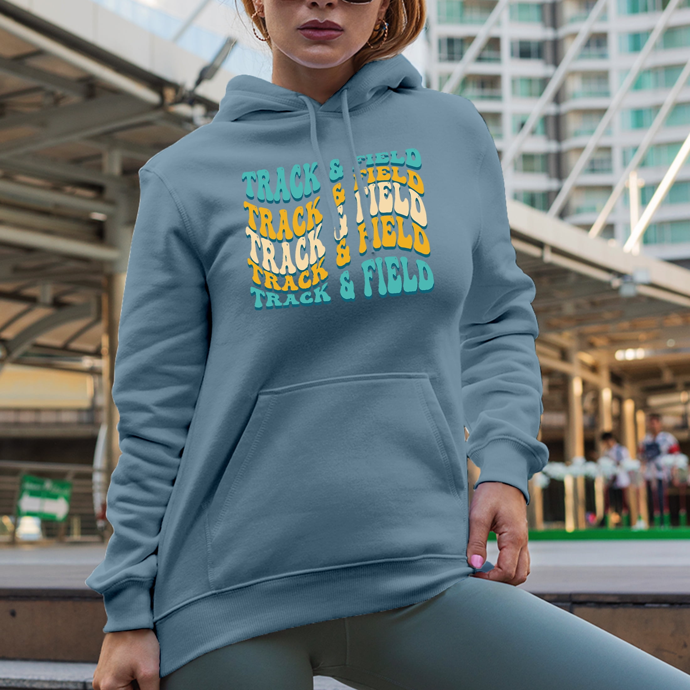Track & Field, Sports Themed, Groovy Retro Wavy Text Merch Gift, Light Blue Hooded Sweatshirt or Hoodie, XL