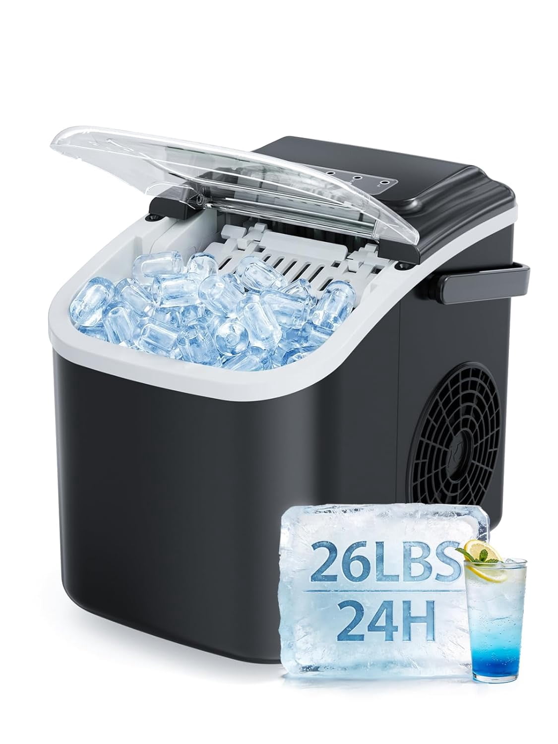 Portable Ice Maker Countertop, 26lbs/24H with Self-Cleaning, Makes 8 Cubes in 6 Mins for Home, Travel, Bar, and Camping