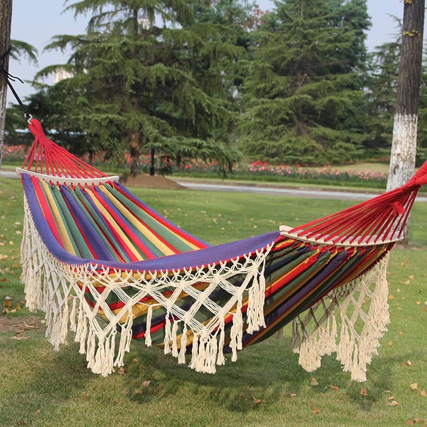 DUANJY Cotton Canvas Hammock, Double Boho Hammocks with Decorative Fringe , Portable Camping Indoor Outdoor Garden Hammock Swing with Travel Bag, 440lb Load Capacity