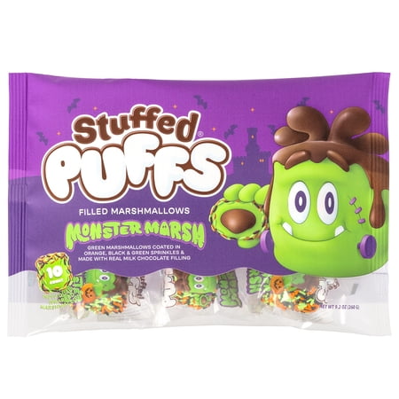 Stuffed Puffs Filled Marshmallows Monster Marsh Halloween Green Filled Marshmallows Made with Real Milk Chocolate and Coated with Sprinkles (10 CT Individual Singles), 9.2 oz