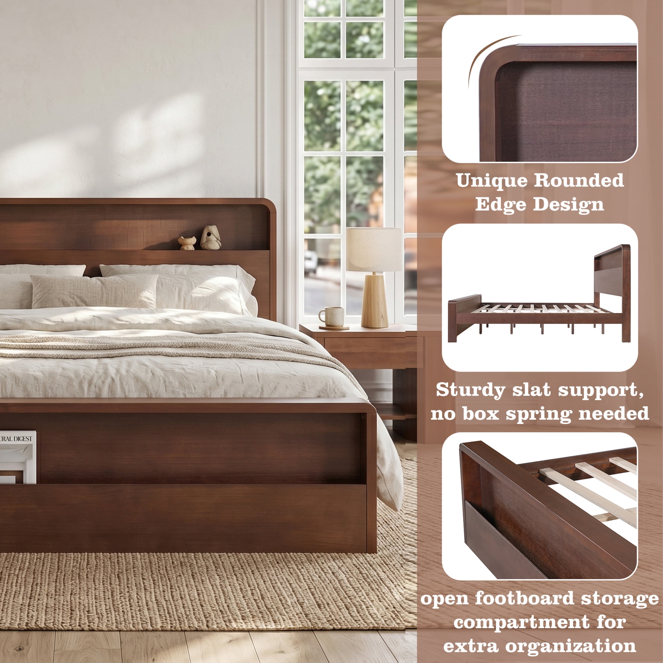 Christopher Knight Home Queen Solid Wood Bed Frame with Open Storage Headboard & Footboard, Walnut