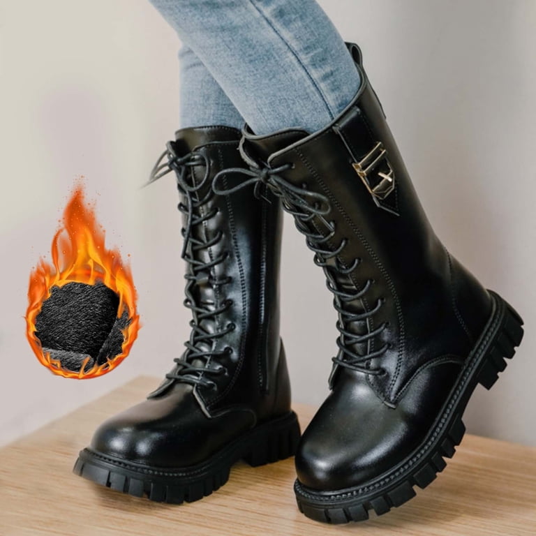 YAYUBA Girls Lace Up Riding Boots Fleece-Lined Mid Calf 