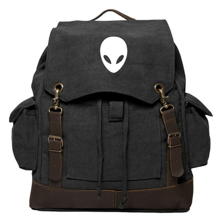Sci-Fi Alien Head Vintage Canvas Rucksack Backpack with Leather (Best Backpacking Backpack For The Money)