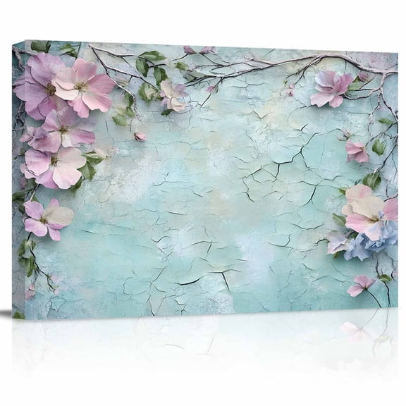 Pink Flower Canvas Print Wall Art Floral Branch Vintage Walls Mottled Texture Pictures Painting Morden Artwork for Living Room Bedroom, Ready to Hang - 12"x16"