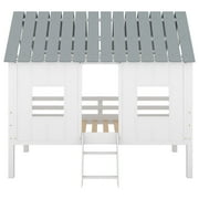 Euroco Wood Twin Size House Bed with Ladder for Kids Teens, Low Loft Bed, White