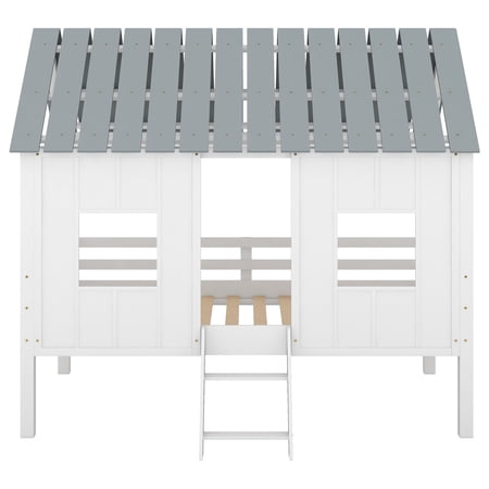 Euroco Wood Twin Size House Bed with Ladder for Kids Teens, Low Loft Bed, White