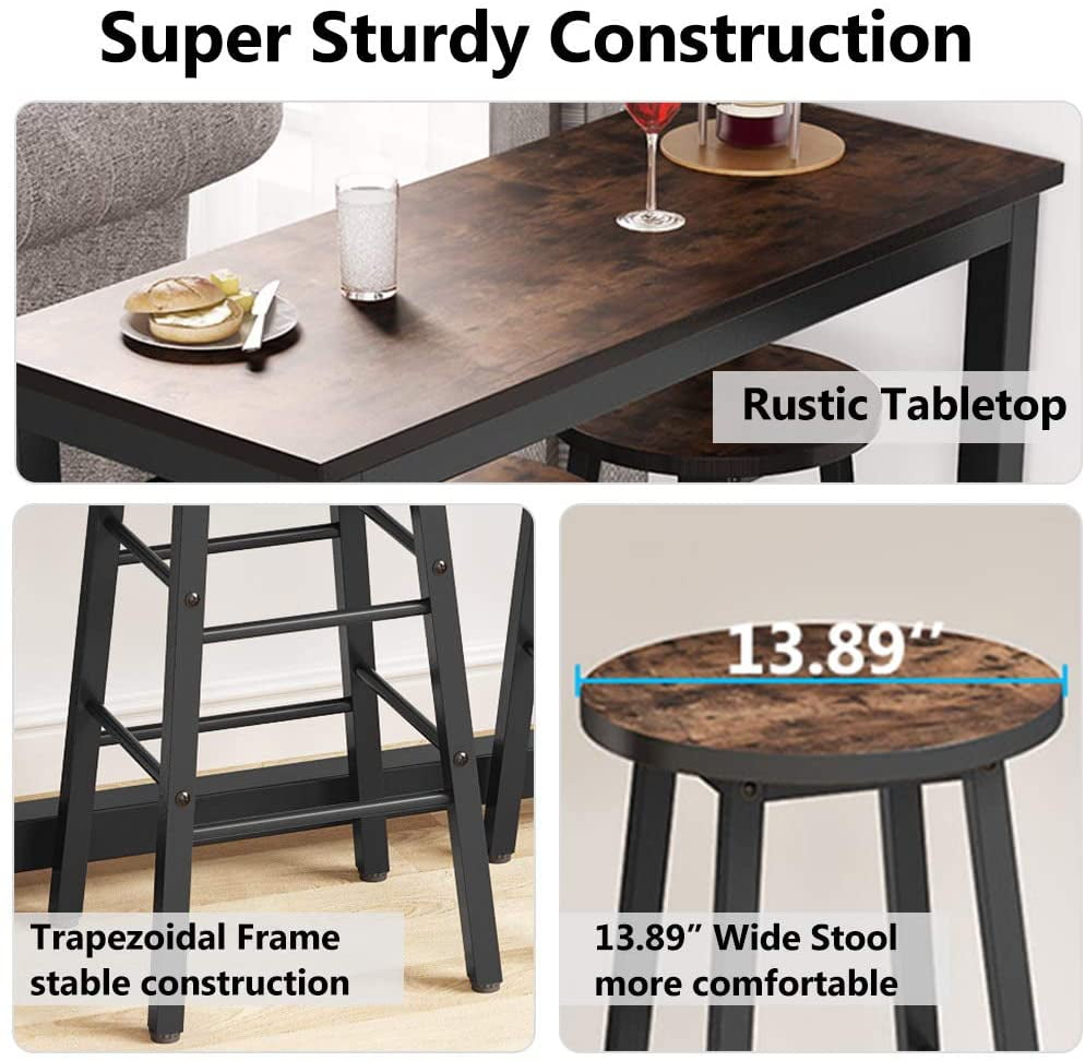 Living Room Tribesigns 3-Piece Pub Table Set Small Space Breakfast Nook Counter Height Breakfast Bar Table with Stools Kitchen Bar Table for Dining Room Rustic Brown
