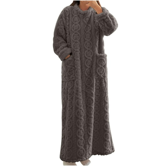 SnZhen Women's Winter Plush Nightgown Ladies' Long Sleeved Solid Color Lengthened and Thickened Warm Pajama with Pockets
