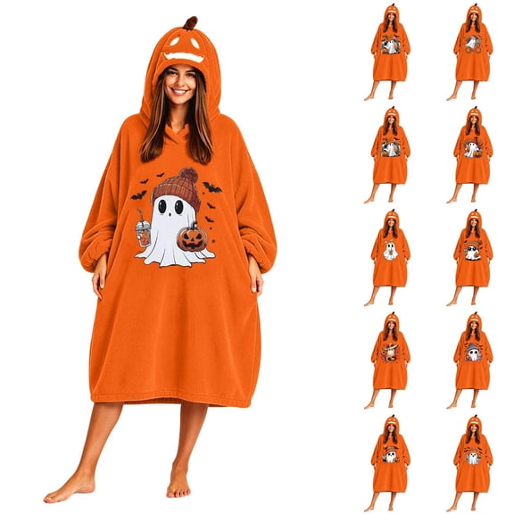 Halloween Pumpkin Oversized Wearable Blanket Hoodie Cozy Plush Lounger Robe | Jack O Lantern Hooded Wearable Blanket Oversized, M