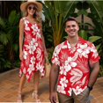 thumbnail image 2 of Garronmavis Matching Outfits for Couples Vacation Red Hibiscus Mens Short Sleeve Shirt Size S Polyester and Women's Tank Dress with Pocket Hawaiian Vacation Sundress, 2 of 7