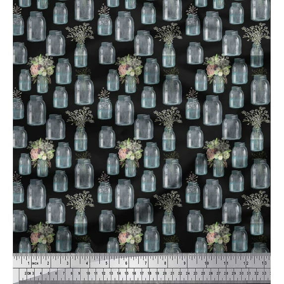 Soimoi Black Rayon Fabric Bottle Vase & Anemone Floral Print Fabric by Yard 56 Inch Wide