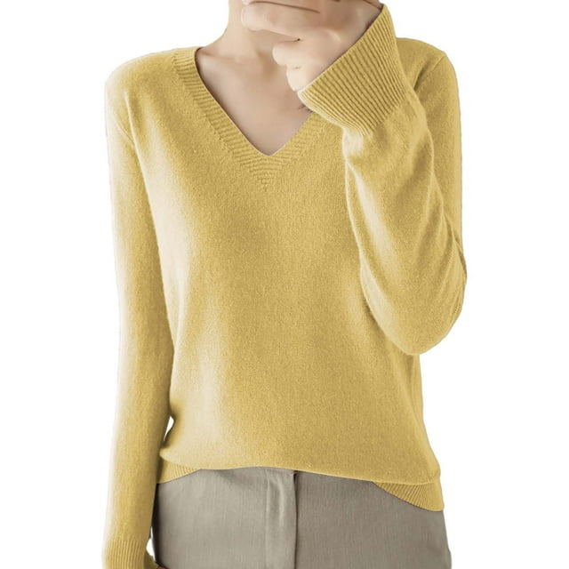 Duoif Chandails pour Femmes Chandails Légers Tendance pour Femmes Manches Longues Col Rond Léger Doux Tricoté Chandail Tricoté Blouse Chandails pour Femmes Hauts Jaunes TG