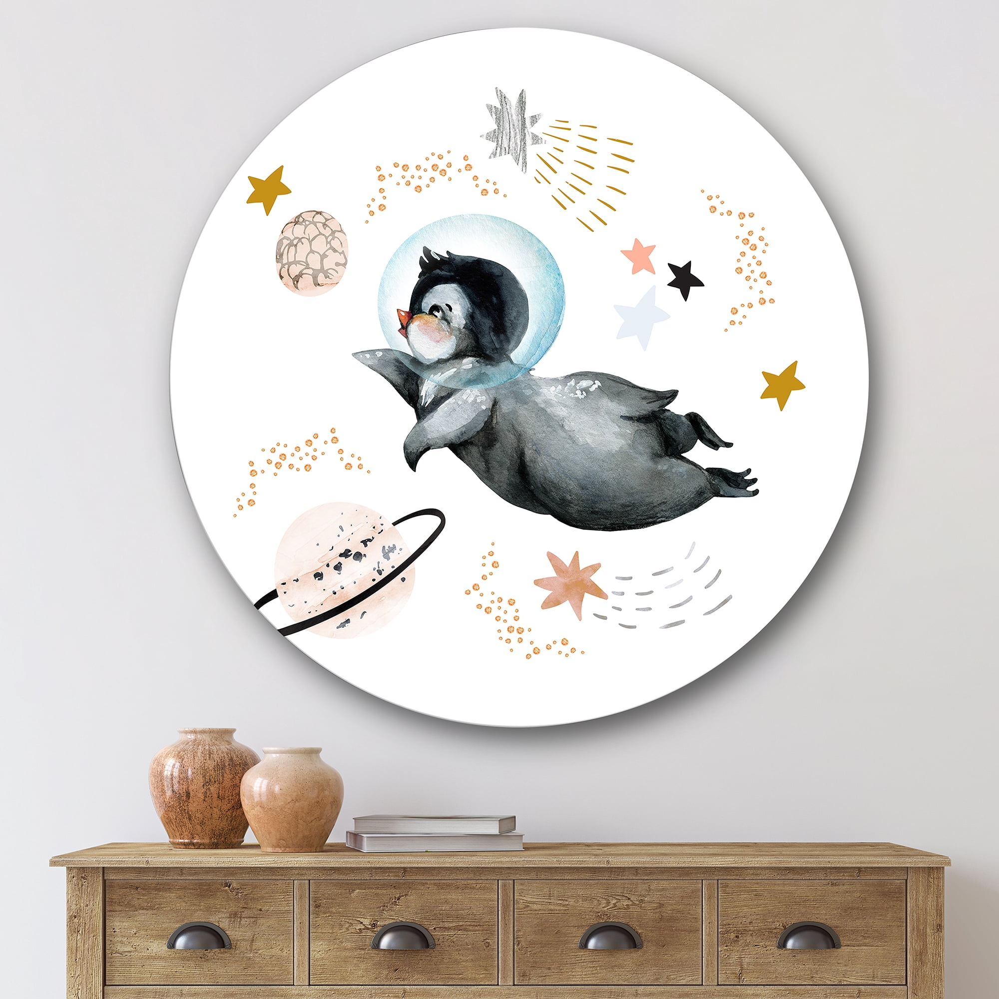Designart 'Little Penguin Flying Planets and Stars II' Farmhouse Circle Metal Wall Art 29x29 - Disc of 29