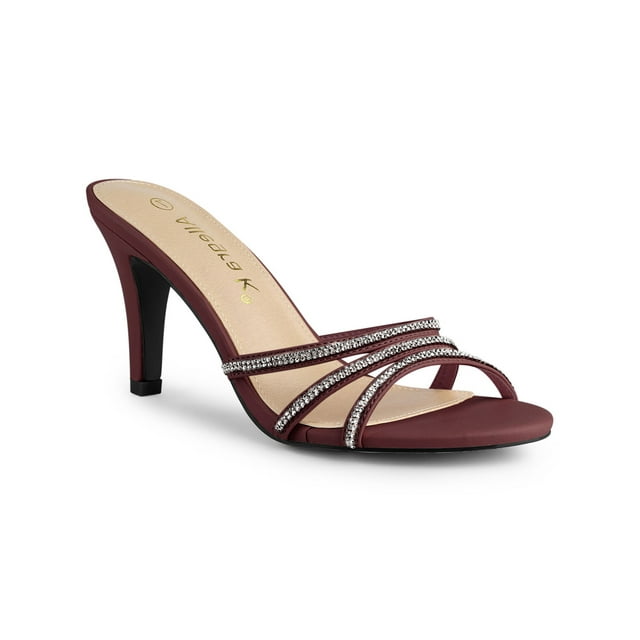 BLISSFUL STEP Women's Triple Strap Rhinestone Mules Open Toe Stiletto Heel Slide Sandals Burgundy 8