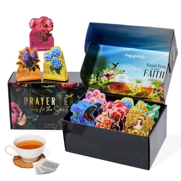 Thoughtfully Tea Affirmations Set, 15-in-1 Bible Verse Black Tea Collection, Variety Flavors, Floral Boxes with 4 Bags Each, Christian Tea Set for Women & Prayer Group, Set of 60