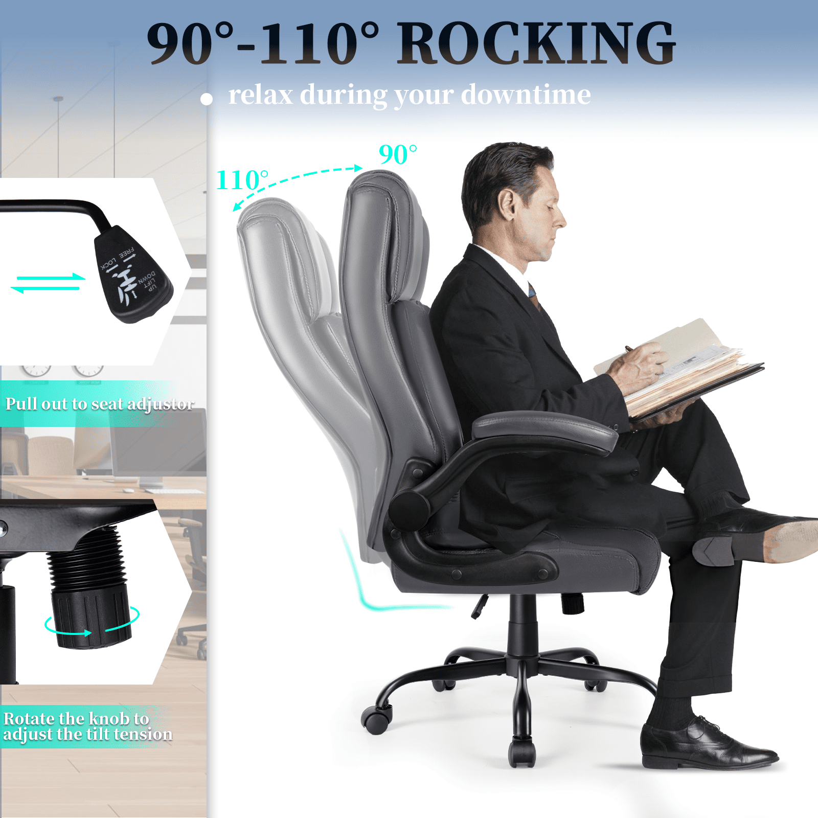 Bossin Big and Tall Executive Office Chair 400lbs with Flip-up Arms for Adult, Ergonomic High Back Lumber Support Adjustable Computer Desk Chair