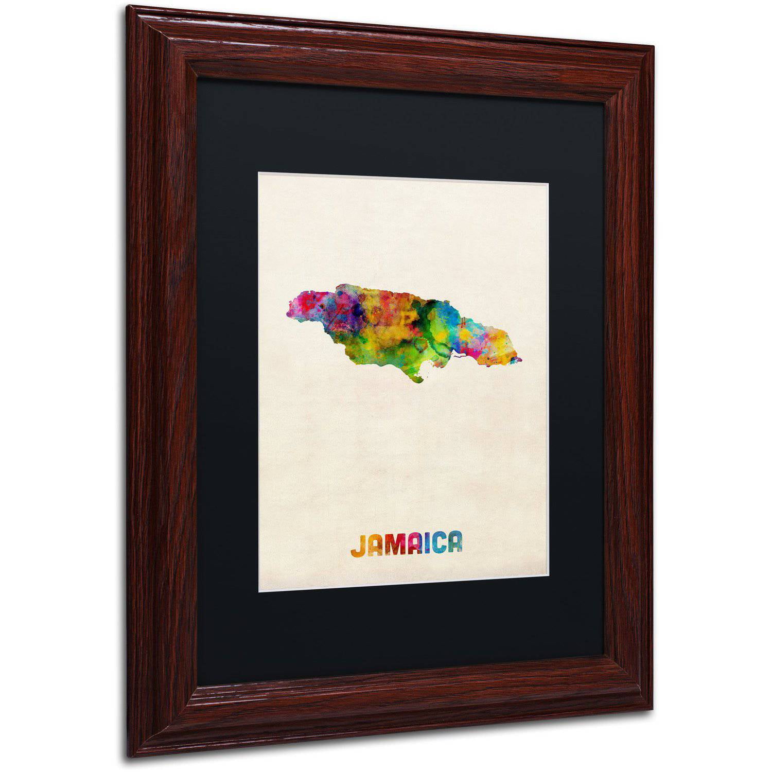 Trademark Fine Art "Jamaica Watercolor Map" Canvas Art by Michael Tompsett Black Matte, Wood Frame