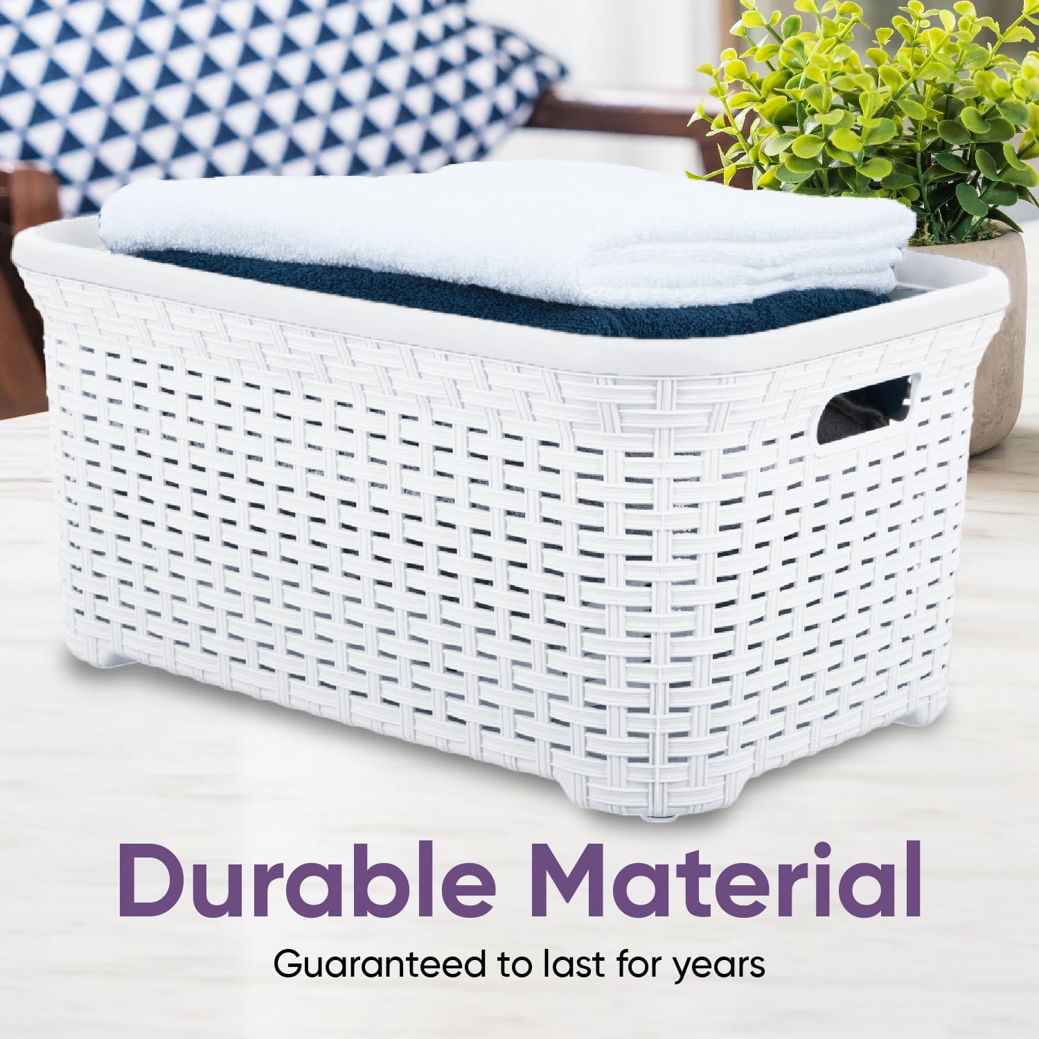 Superio Laundry Basket, Laundry Hamper, 50-liter wicker style basket with cutout handles, to storage dirty clothes, in washroom, or bedroom, white.