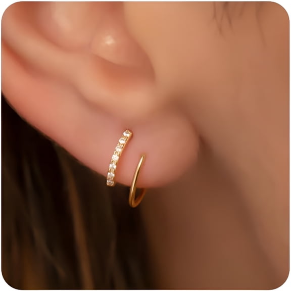 DESIGNICE 14K Gold Plated Double Hoop Earrings for Women, Hypoallergenic Huggie CZ Twist Threader, Dainty Minimalist Jewelry Gift
