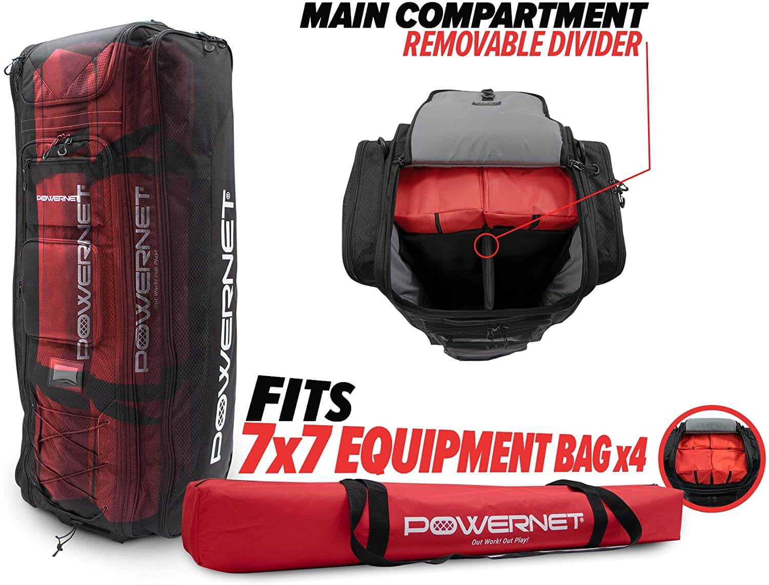 PowerNet All Gear Transporter Baseball Travel Bag, Rolling Duffle Bag with Wheels & Handle for Baseball Accessories, Catchers Gear & Bats, Main Pocket Fits Four 7x7 Nets