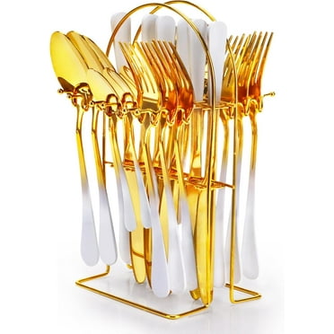 24 Pieces Flatware Set, Stainless Steel Cutlery Set with Silverware Holder, Modern Gold Silverware Set Includes Dinner Knives Forks Spoons,Hanging Silverware Set Service for 6 (White)