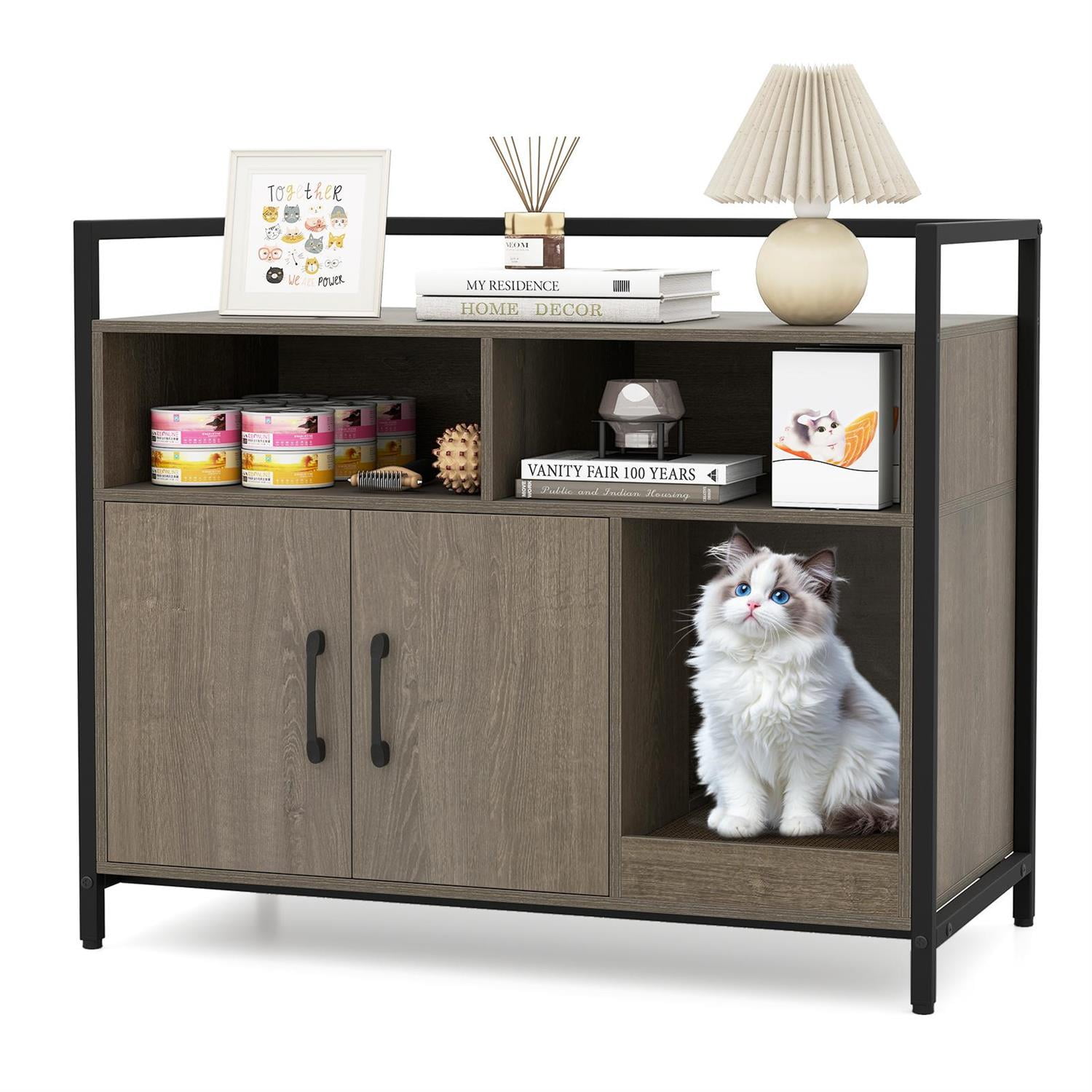 Pefilos Hidden Cat Washroom, Double Doors & Scratch Cardboard, Vent Holes & Anti-Toppling, Oak (Brown)