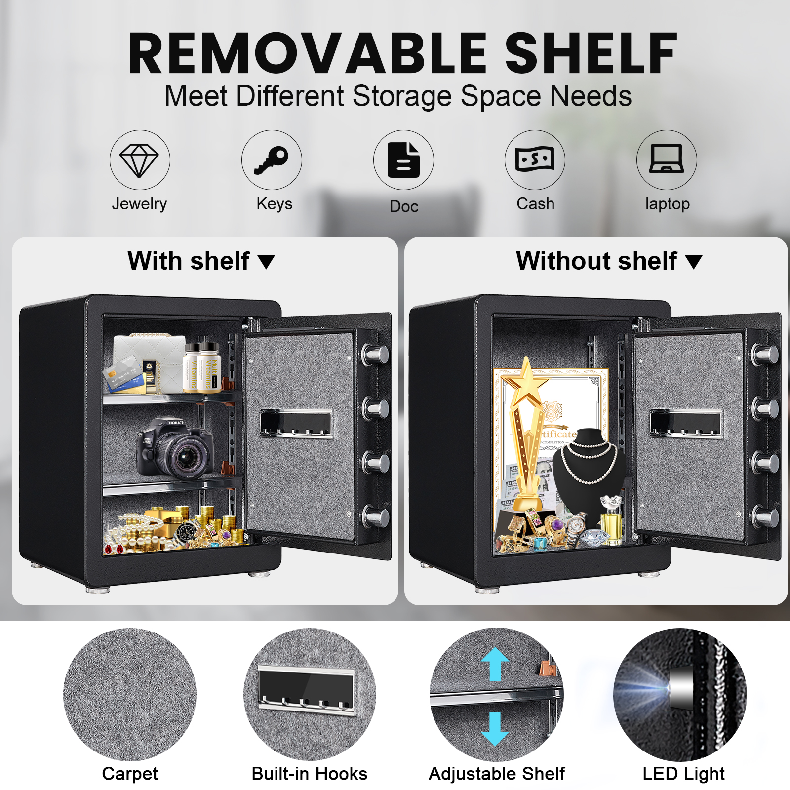 2.0 Cub Safe Box, Digital Home Safe with Two Removable & Adjustable Shelf, Safe for Home with Mute Mode & Dual Alarm, Money Safe Box with 4 Solid Living Bolts and Velvet Interior