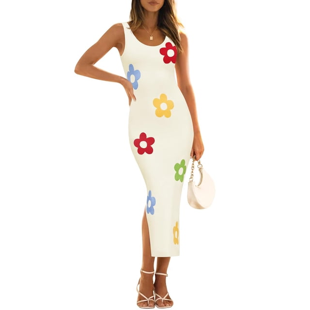 Vestido ZESICA de punto floral de verano, ajustado a media pierna, color albaricoque, para mujer