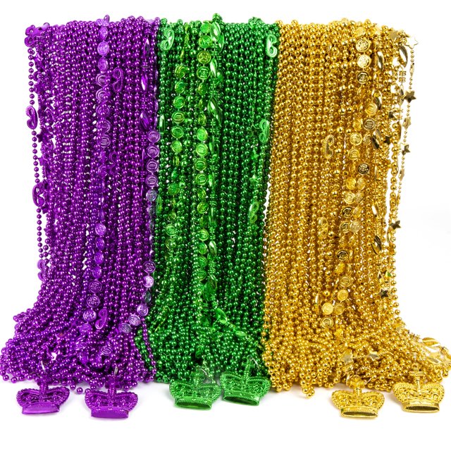 Collar de perlas de Mardi Gras, 144 unidades, oro verde y morado a granel