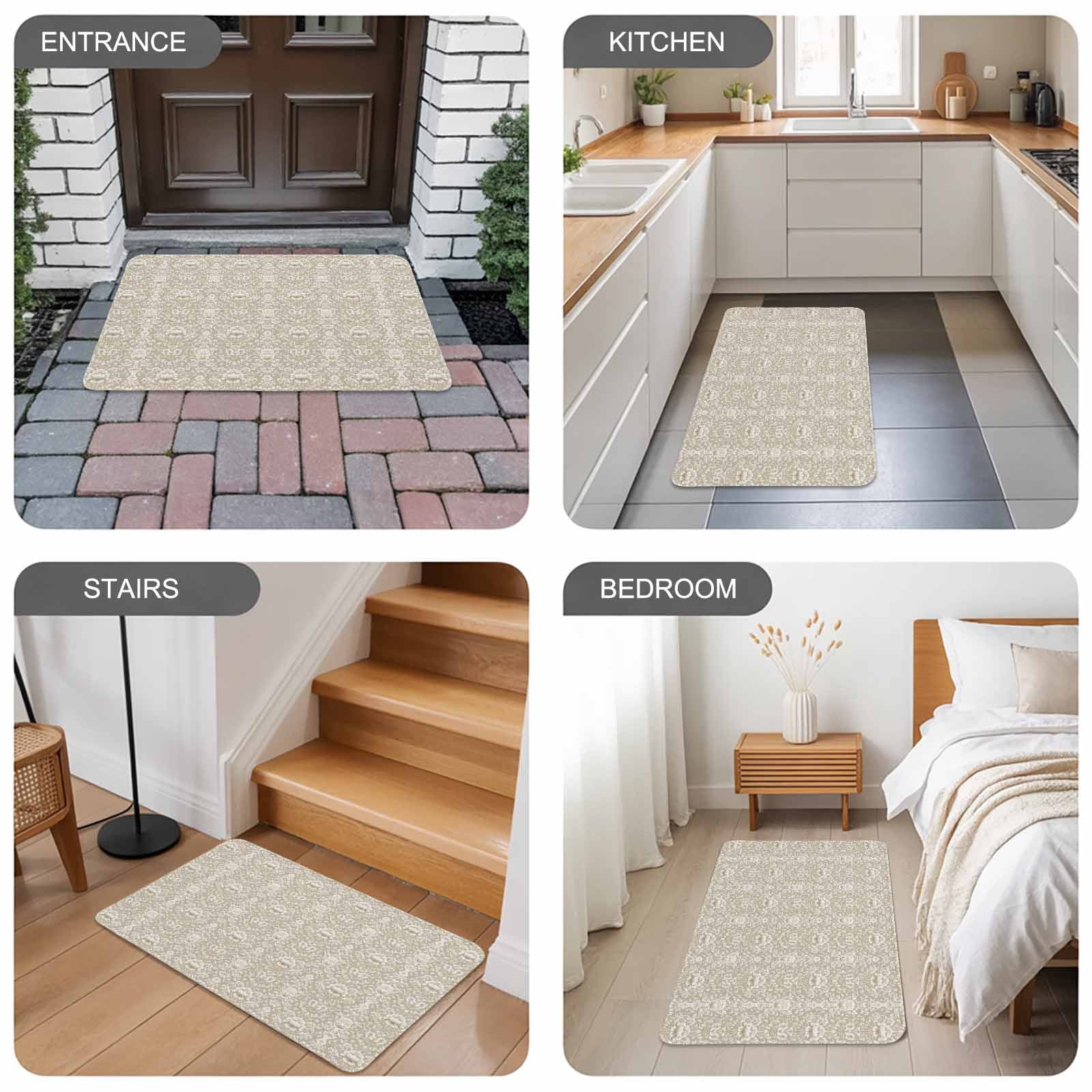Beige Damask Doormat Outdoor Entrance 24"x36", Vintage Country Scroll Floral Patterned Absorb Moisture Dirt Door Mats, Non-Slip Rubber Backing Floor Mats Indoor, Low-Profile Front Door Rugs