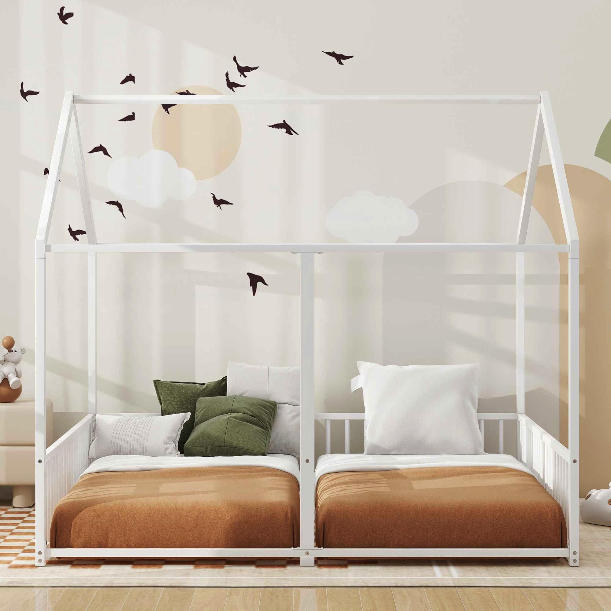 Bellemave Double Twin Size Floor Bed, Metal Shared Platform Beds for 2, Montessori House Bed Frame with Rails (White)