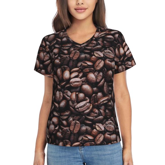 Vsdgher Coffee Bean Women Shirts V Neck Short Sleeve Tops T-Shirt Basic Tees, S to 3XLSmall