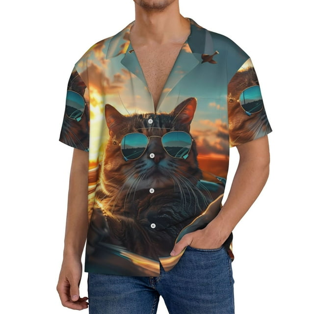 Xecao Cool Cat Driving Sunset Pattern Men's Short-Sleeve Cuban Collar Button-Down Shirt with Chest Pocket Lightweight Tropical Vacation Shirt-3X-Large